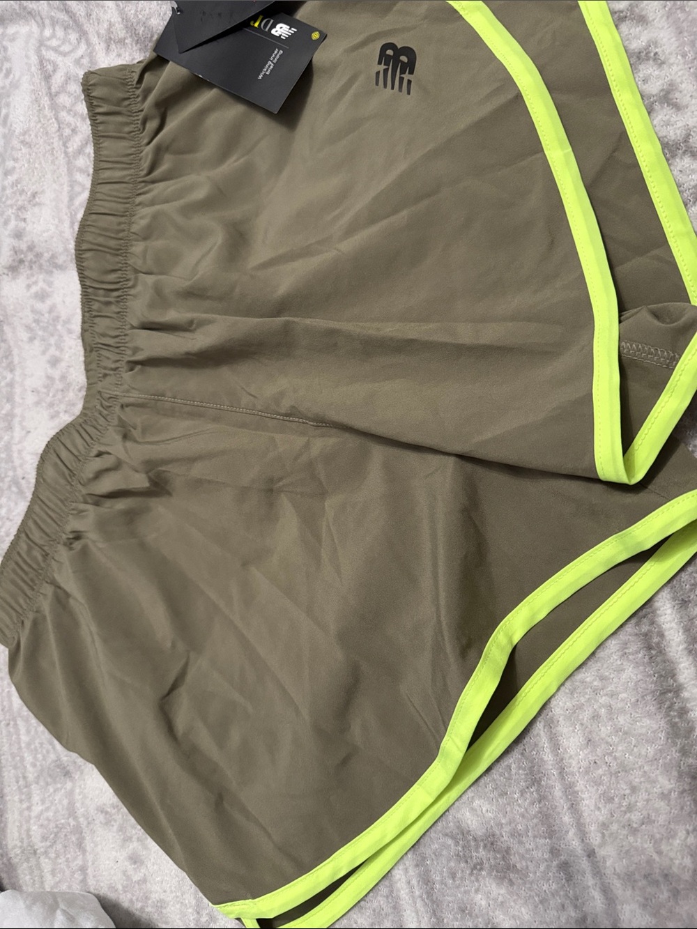 New Balance Olive Green Athletic Shorts with Neon Yellow Trim
